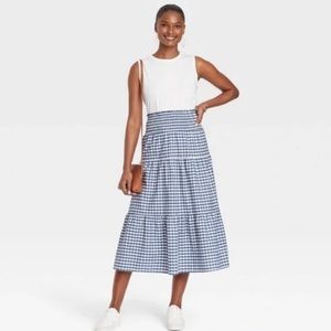 High-Rise Tiered Midi A-Line Skirt Universal Thread Blue Gingham Checkered XL